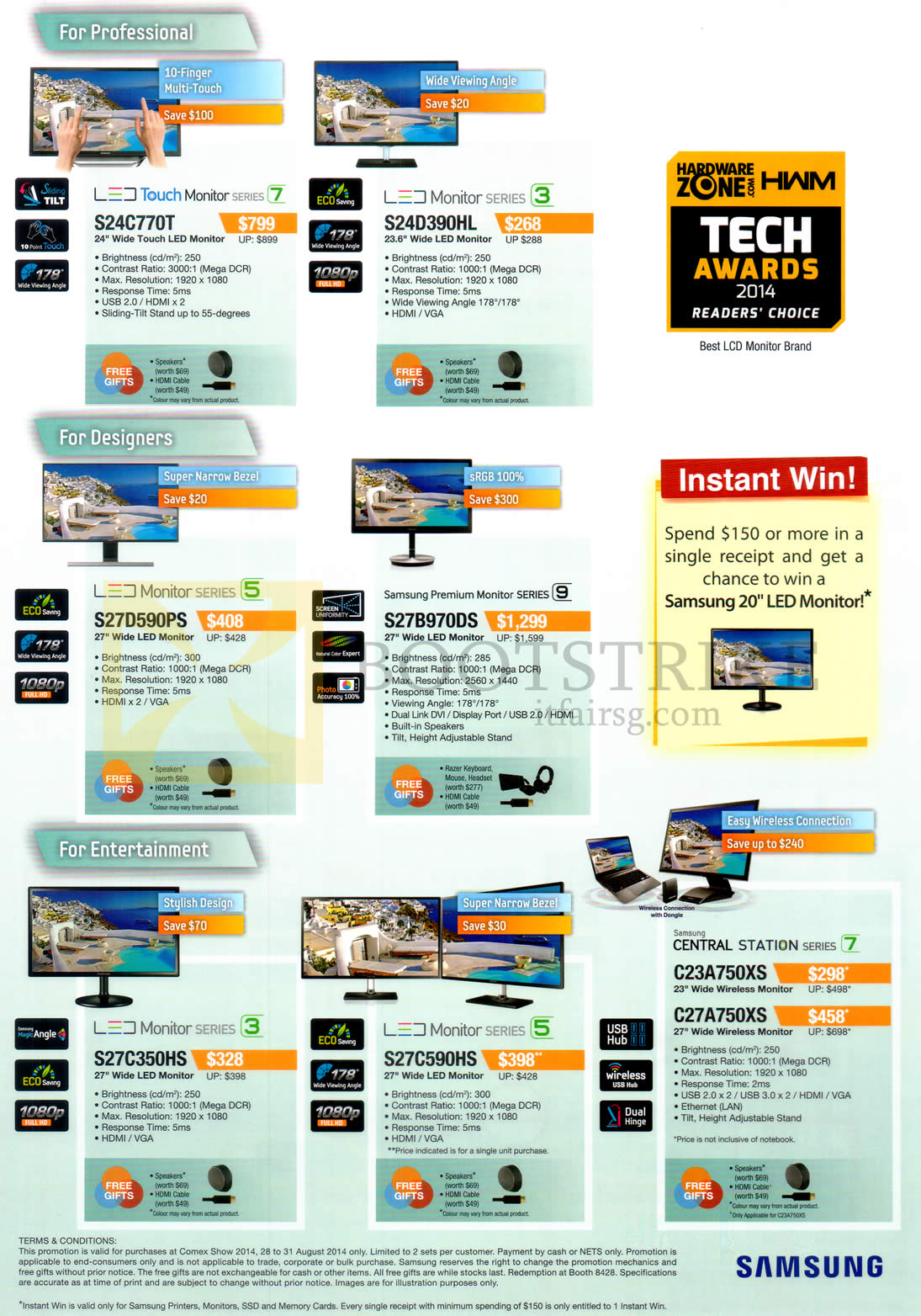 COMEX 2014 price list image brochure of Samsung Monitors S24C770T, S24D390HL, S27D590Ps, S27B970DS, S27C350HS, S27C590HS, C23A750XS, C27A750XS