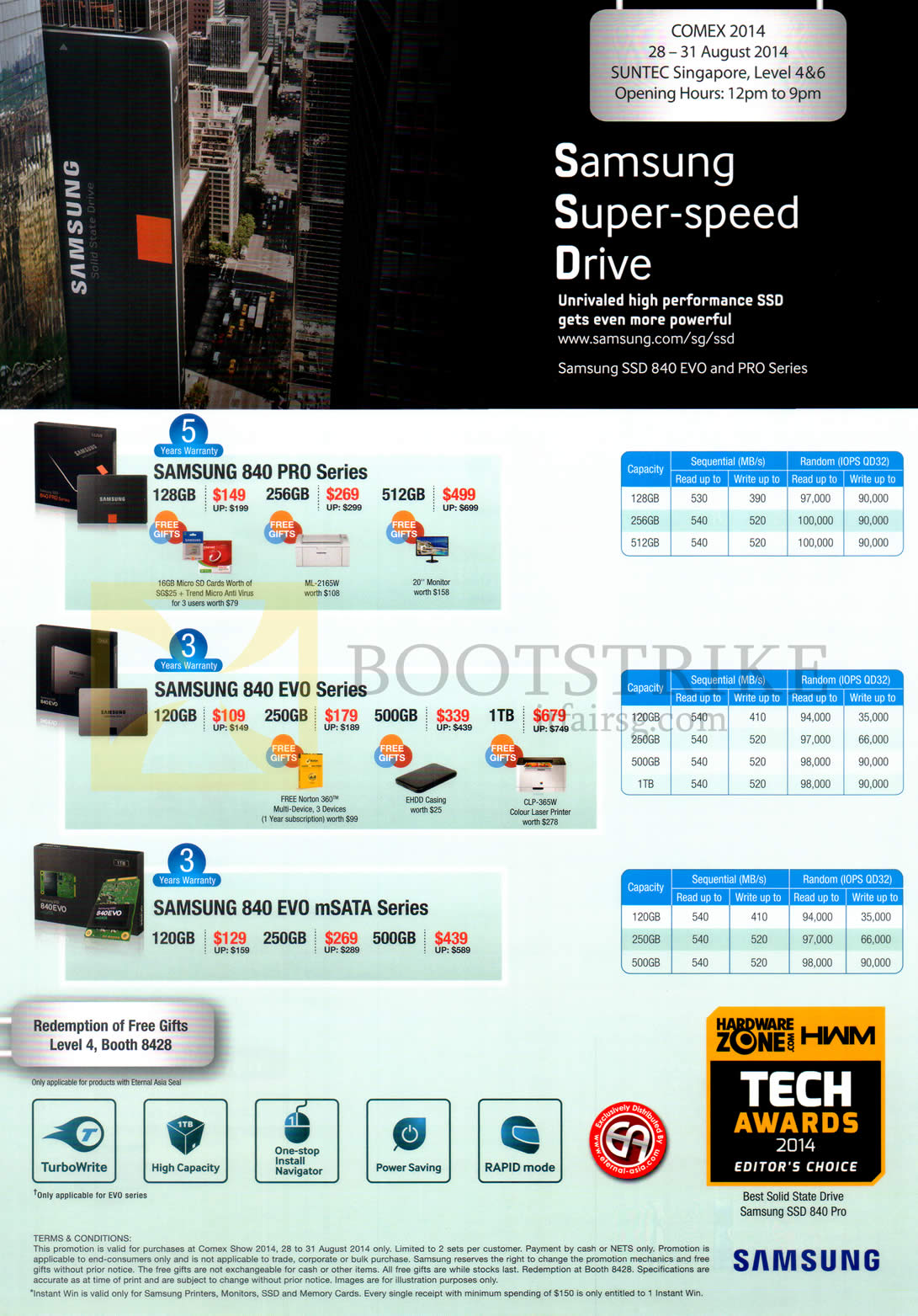 COMEX 2014 price list image brochure of Samsung Storage 840 Pro Series, Evo Series, 840 Evo MSata Series 128GB 256GB 512GB 120GB 250GB 500GB 1TB