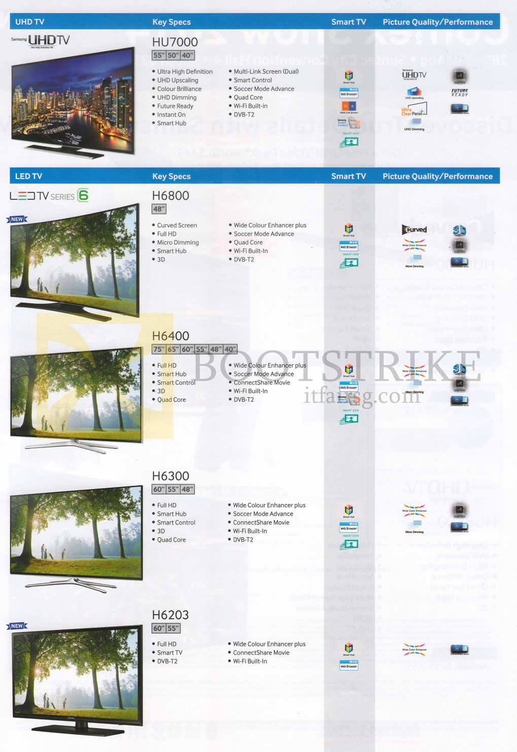 COMEX 2014 price list image brochure of Samsung TVs (No Prices) HU7000, H6800, H6400, H6300, H6203