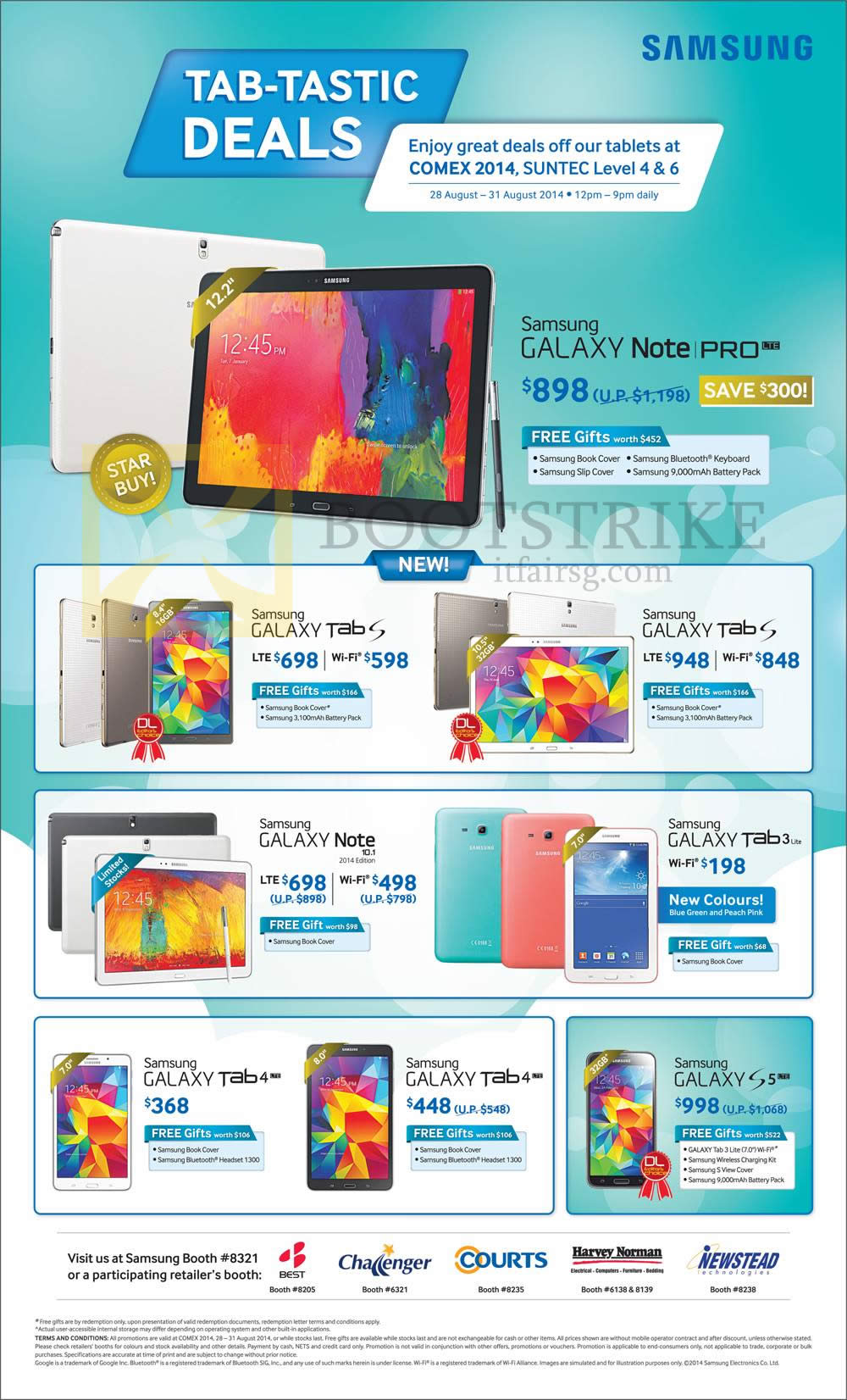 COMEX 2014 price list image brochure of Samsung Tablets Galaxy Note Pro 12.2, Tab S 8.4, Tab S 10.5, Note 10.1 2014 Edition, Tab 3 Lite 7.0, Tab 4 7.0, Tab 4 8.0, Galaxy S5