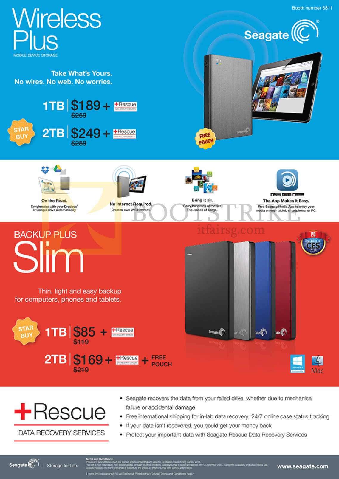 COMEX 2014 price list image brochure of Seagate External Storage Wireless Plus Mobile Device Storage, Backup Plus Slim 1TB, 2TB