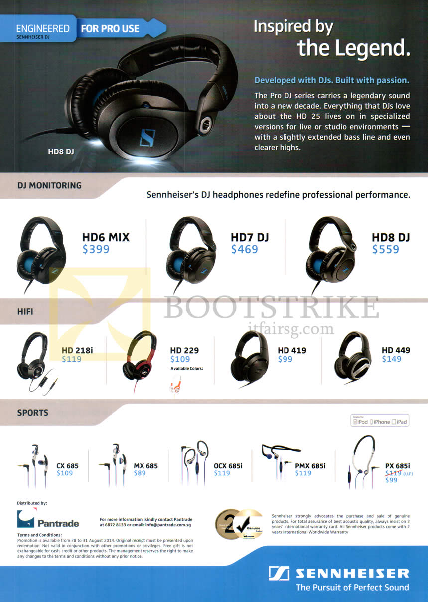 COMEX 2014 price list image brochure of Sennheiser Headphones, Earphones, HD6 Mix, HD7 Mix, HD8 DJ, HD218i, HD228, HD419, HD449, CX685, MX685, OCX685i, PMX685i, PX685i