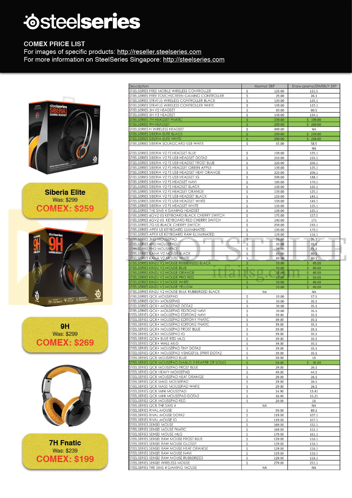 COMEX 2014 price list image brochure of Steelseries Headphones, Headset, Keyboard, Mousepad, Mouse, Controller, Siberia Elite, 9H, 7H Fnatic (Cybermind, GamePro, Newstead)