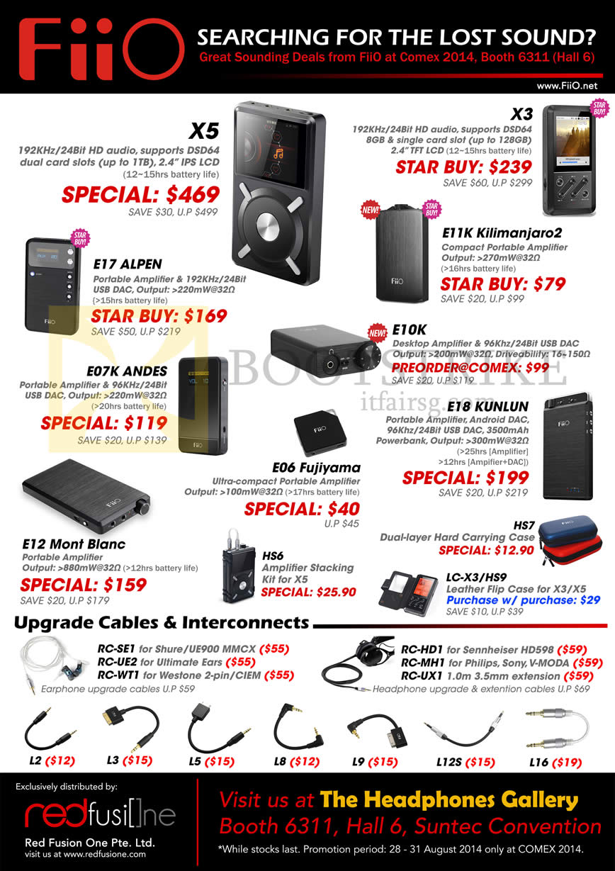 COMEX 2014 price list image brochure of The Headphones Gallery FiiO X5, X3, E11K Kilimanjaro2, E17 Alpen, E07k Andes, E10k, E18 Kunlun, E06 Fujiyama, E12 Mont Blanc, Hs6, Hs7, Cables, Interconnects