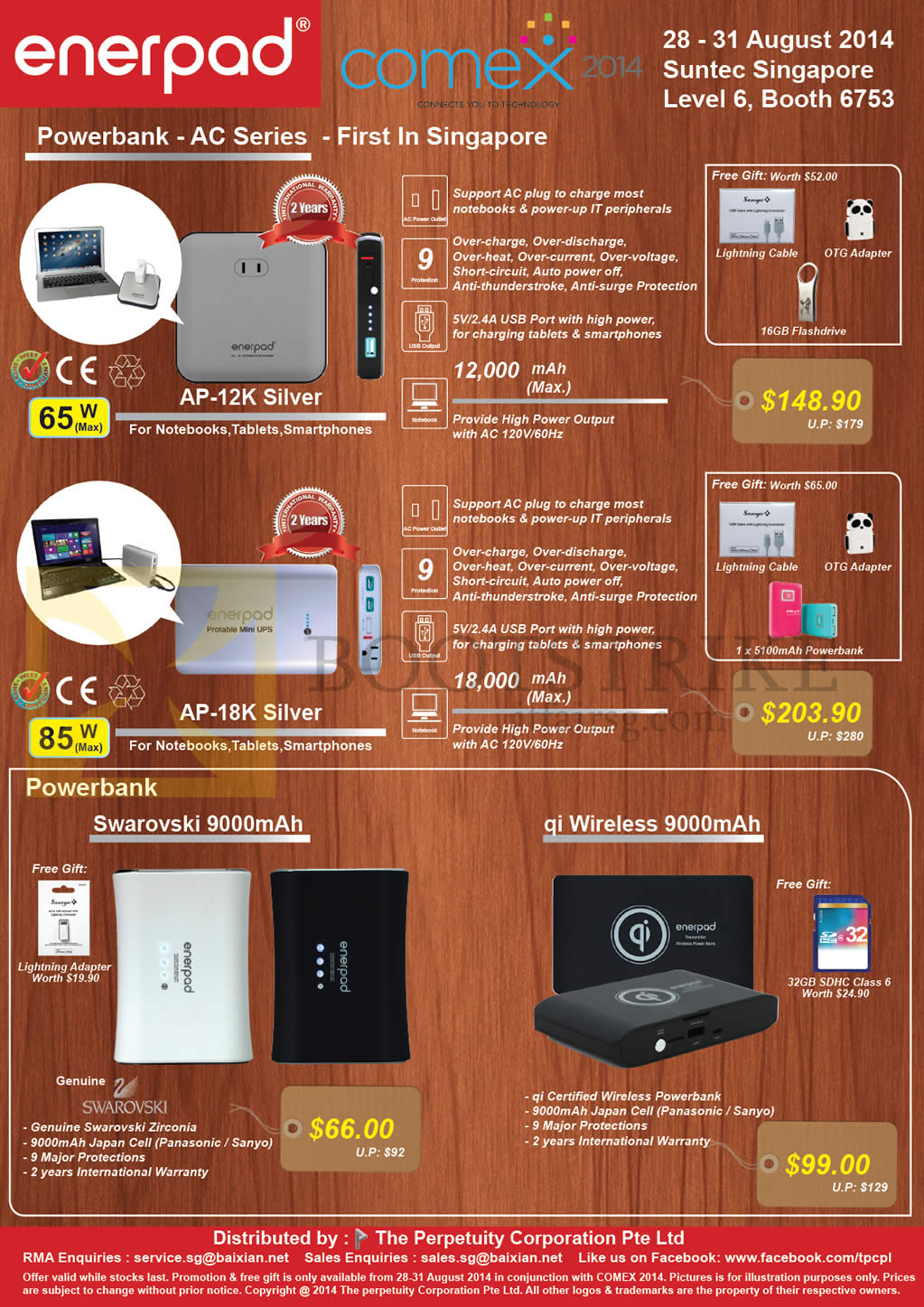 COMEX 2014 price list image brochure of The Perpetuity Enerpad Power Banks AC AP-12K Silver, 18K Silver, Swarovski 9000mAh, Qi Wireless 9000mAh