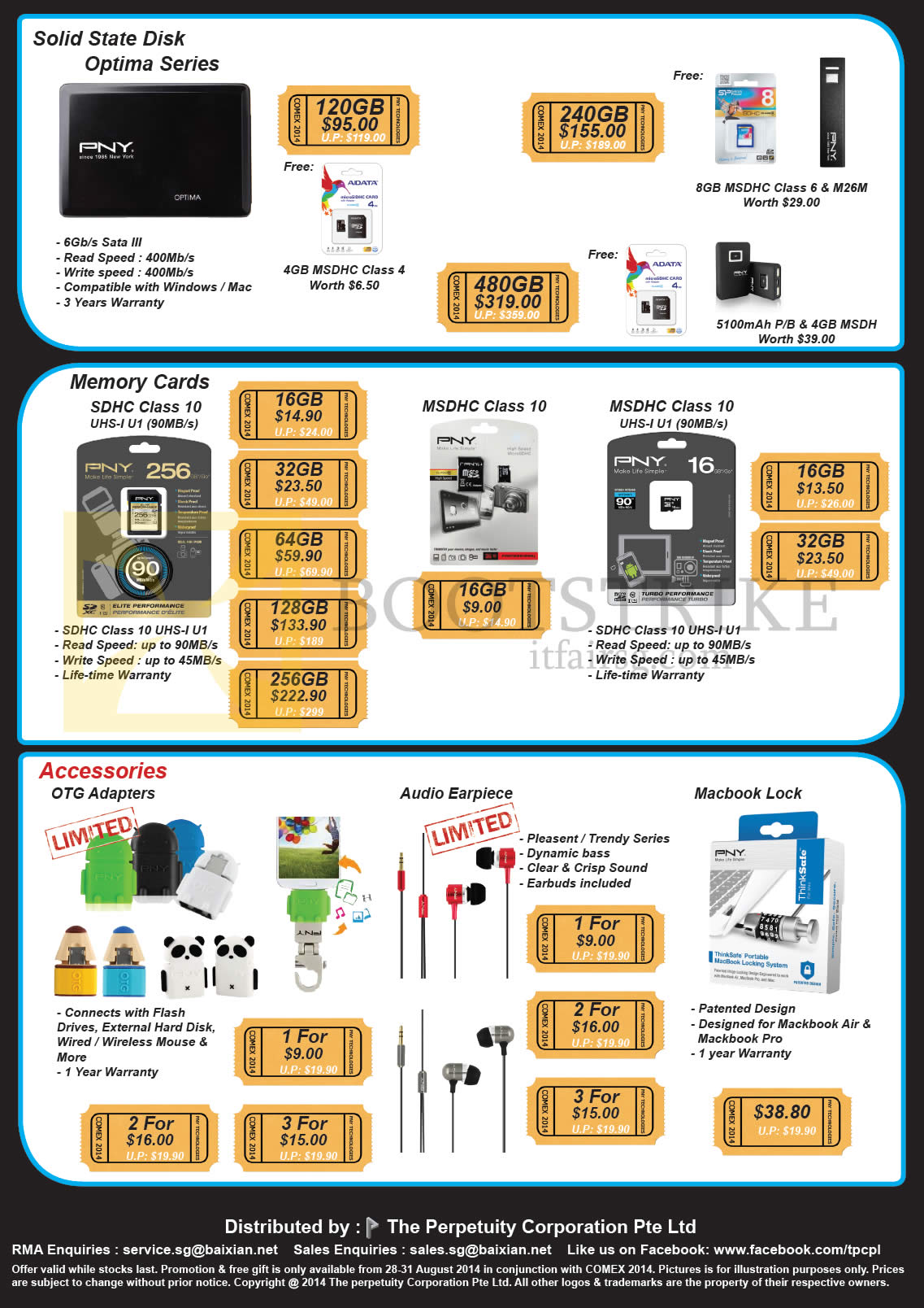 COMEX 2014 price list image brochure of The Perpetuity PNY Memory Cards SDHC, Solid State Disks SSD, OTG Adapters, Earpiece