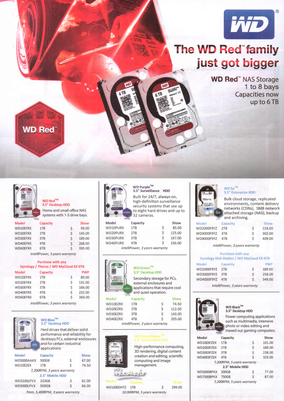 COMEX 2014 price list image brochure of Western Digital Internal Hard Disk Drives Red Desktop, Purple Surveillance, Se Enterprise, Blue Desktop, Green Desktop, Black Desktop, VelociRaptor Workstation