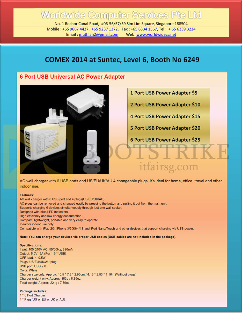 COMEX 2014 price list image brochure of Worldwide Computer Services 6 Port USB Universal AC Power Adapter