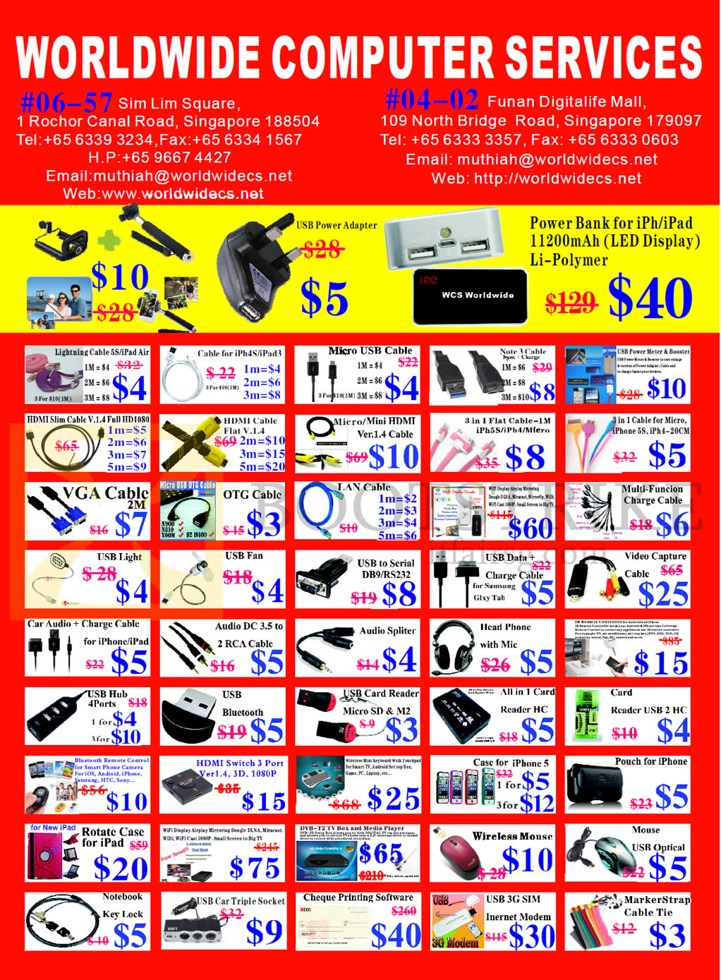 COMEX 2014 price list image brochure of Worldwide Computer Services Accessories Cables, HDMI, Audio Splitter, Card Reader, USB Hub, IPad Case, Notebook Keylock, Cheque Printing Software