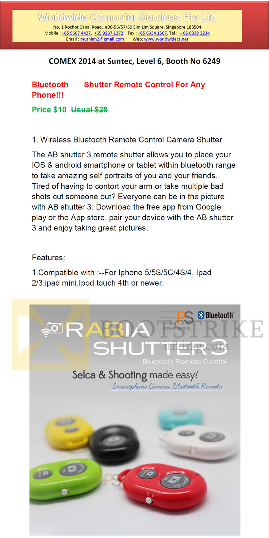 COMEX 2014 price list image brochure of Worldwide Computer Services Bluetooth Shutter Remote Control