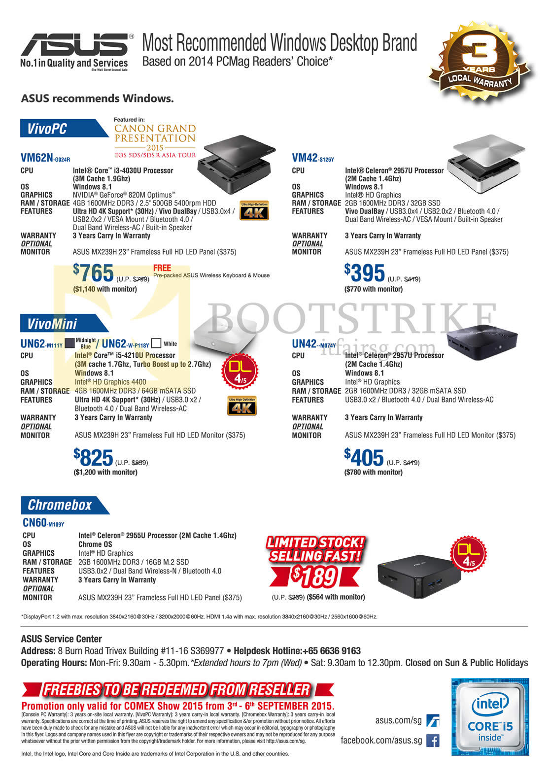 COMEX 2015 price list image brochure of ASUS Desktop PCs Compact Mini, VivoPC VM62N-G024R, VM42-S126Y, VivoMini UN62-M111Y, UN42--M074Y, Chromebox CN60-M109Y