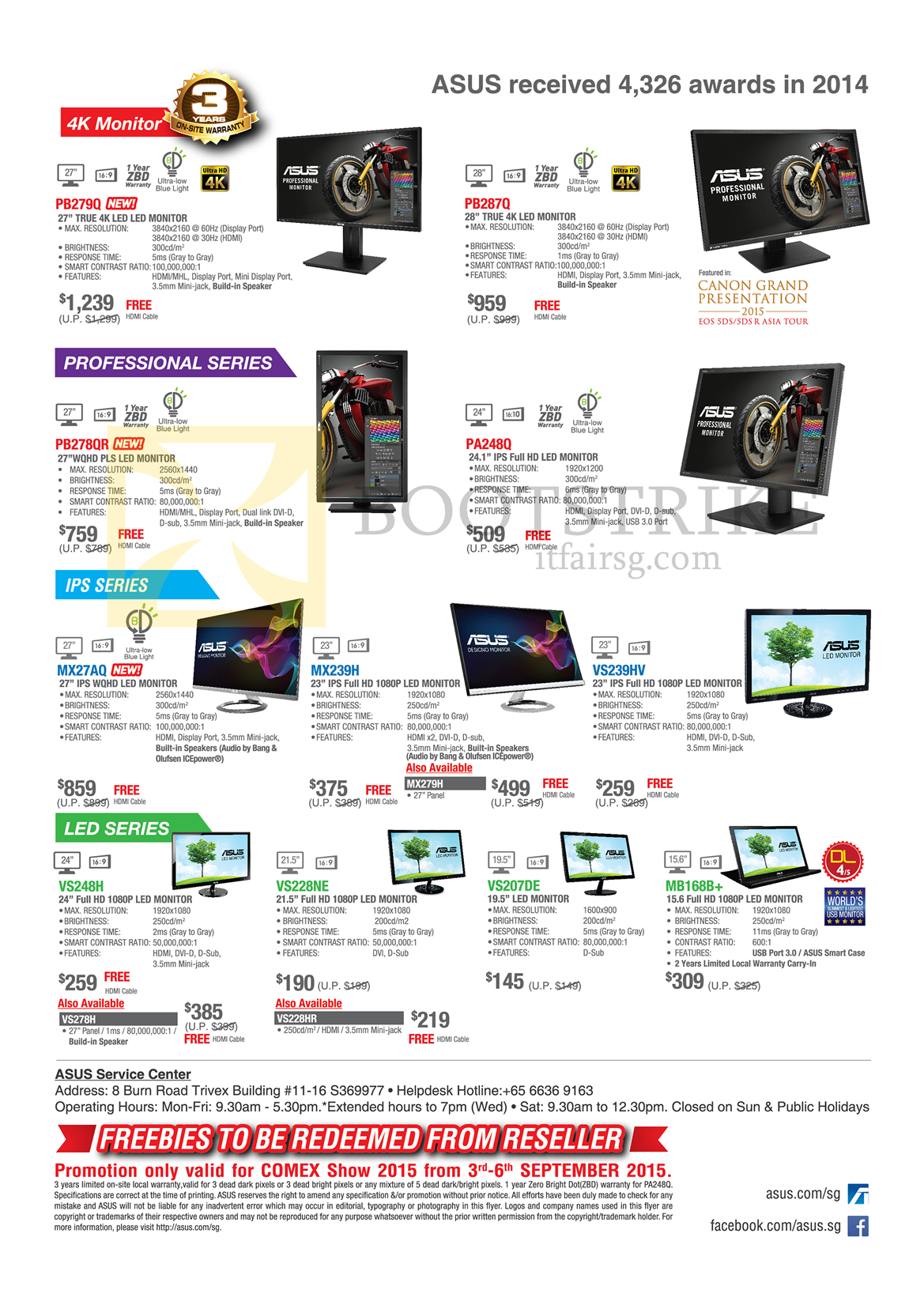 COMEX 2015 price list image brochure of ASUS Monitors LED IPS 4K, PB279Q, PB287Q, PB278QR, PA248Q, MX27AQ, MX239H, MX279H, VS239HV, VS248H, VS278H, VS228HR, VS228NE, VS207DE, MB168B