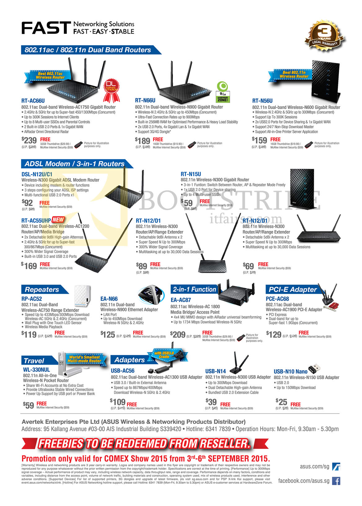 COMEX 2015 price list image brochure of ASUS Networking Wireless Routers, Repeaters, USB Adapters, ADSL Modem, Pocket, RT-AC66U, RT-N66U, RT-N56U, DSL-N12U C1, RT-N15U, RT-AC55UHP, RT-N12D1, RT-N12D1