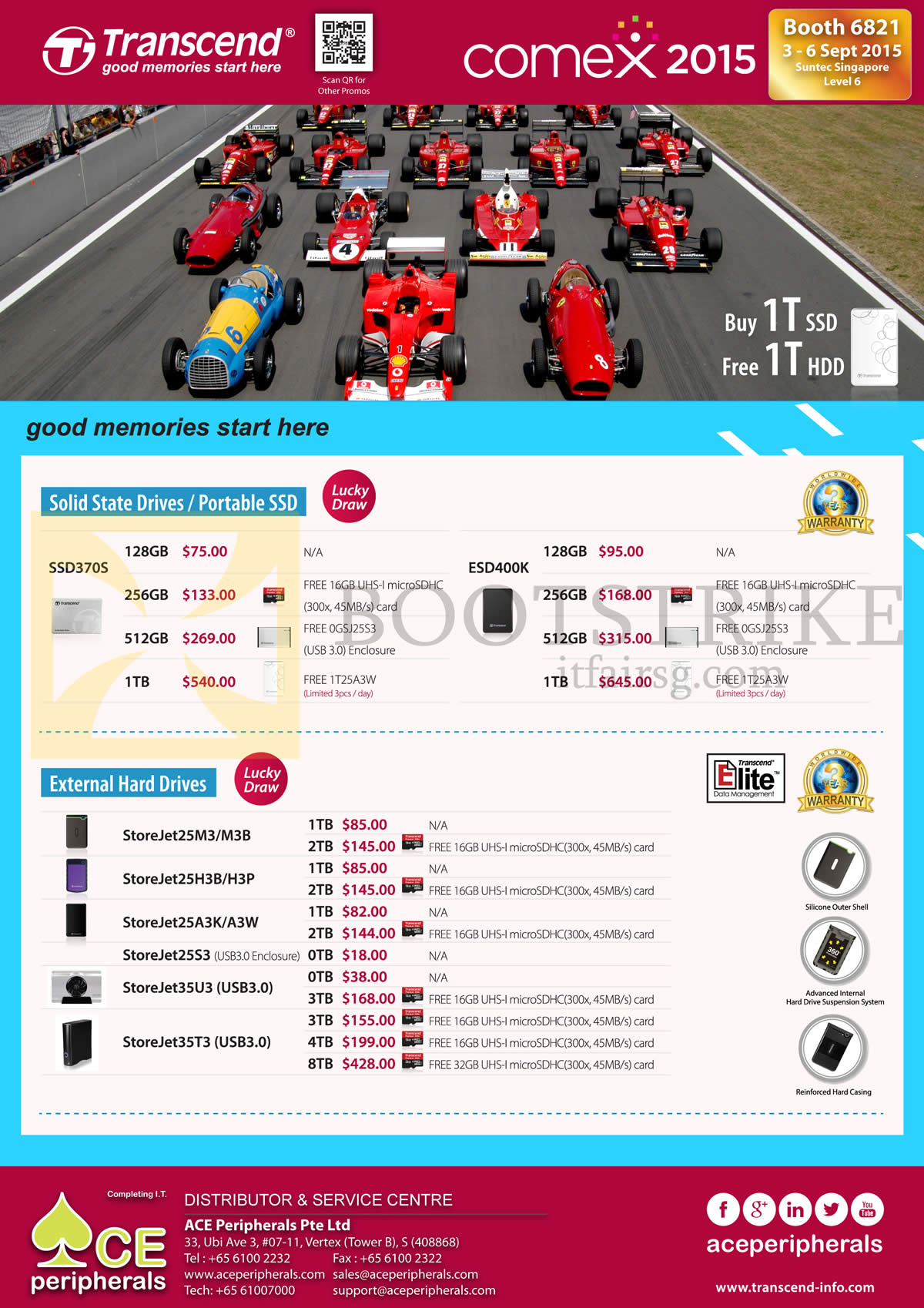 COMEX 2015 price list image brochure of Ace Peripherals Transcend SSD, Portable SSD, External Storage Drives, SSD370S, ESD400K, 128GB, 256GB, 512GB, 1TB, StoreJet25M3 M3B, 25H3B H3P, 25S3