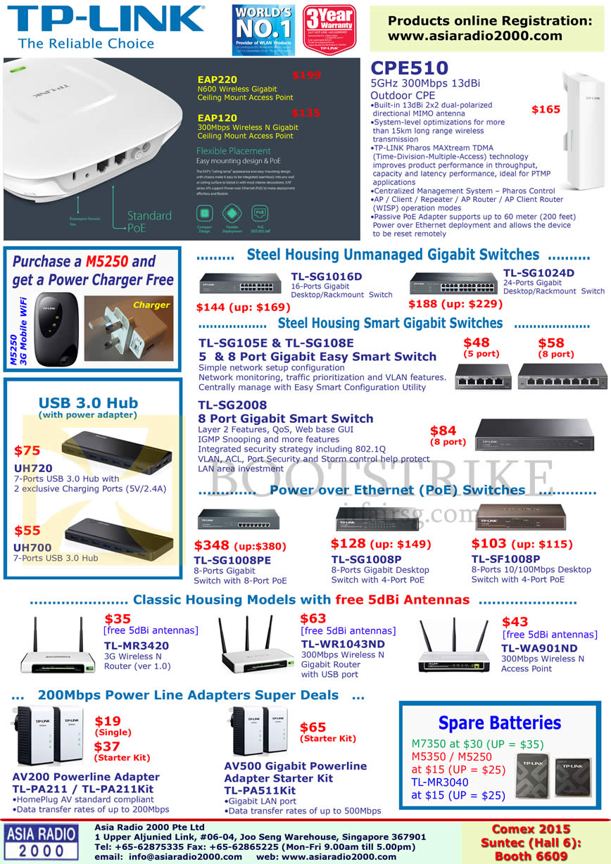 COMEX 2015 price list image brochure of Asia Radio 2000 CPE, Switches, Antennas, Adapters, Batteries, CPE510, TL-SG1016D, SG105E, SG108E, SG1008PE, SG1008P, SF1009P, MR3420, WR1043ND, WA901ND, AV200, AV500