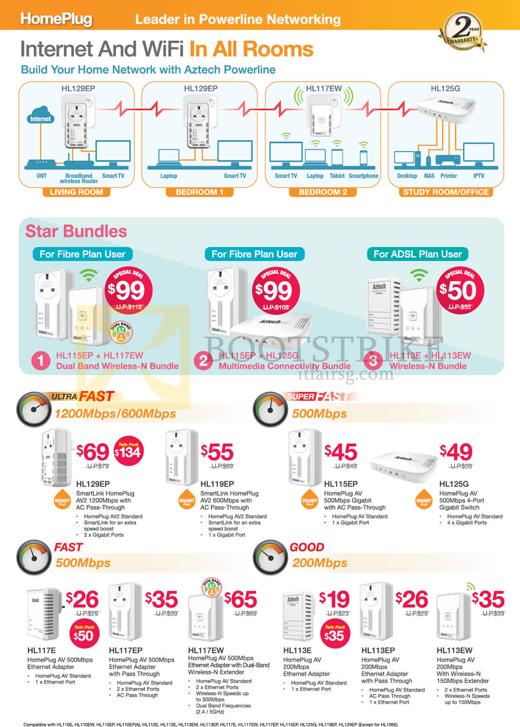 COMEX 2015 price list image brochure of Aztech Powerline Networking, HL129EP, HL119EP, HL115EP, HL125G, HL117E, HL117EP, HL117EW, HL113E, HL113EP, HL113EW