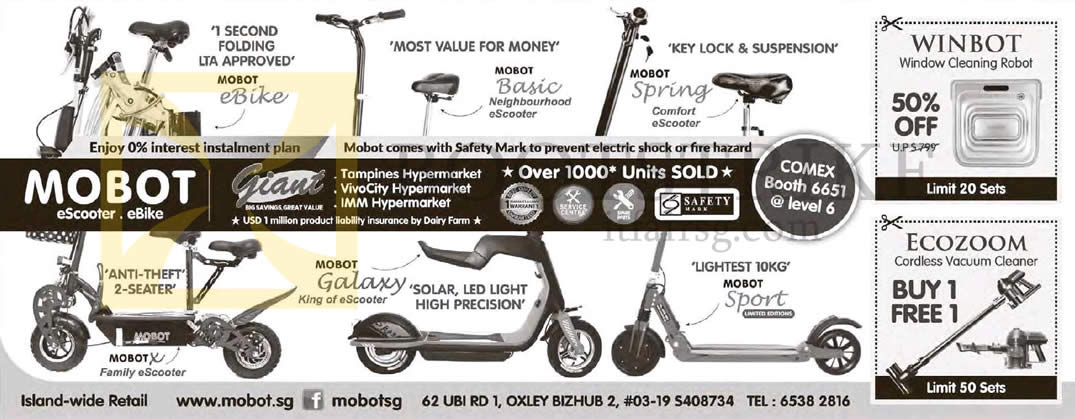 COMEX 2015 price list image brochure of Biovital Mobot EScooter, EBike, Window Cleaning Robot, Cordless Vacuum Cleaner