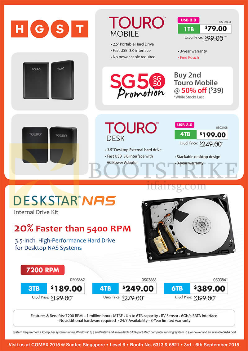 COMEX 2015 price list image brochure of Convergent HGST External Drives Touro Mobile, Desk, Deskstar NAS, 1TB, 3TB, 4TB, 6TB