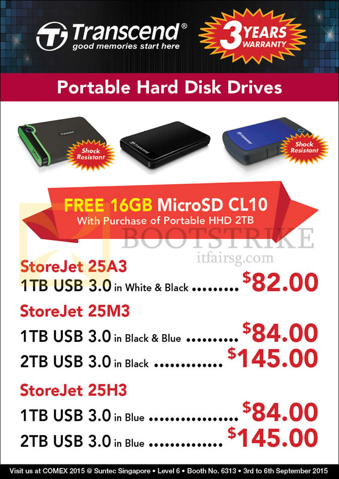 COMEX 2015 price list image brochure of Convergent Transcend External Storage Drives StoreJet 25A3, 25M3, 25H3, 1TB, 2TB