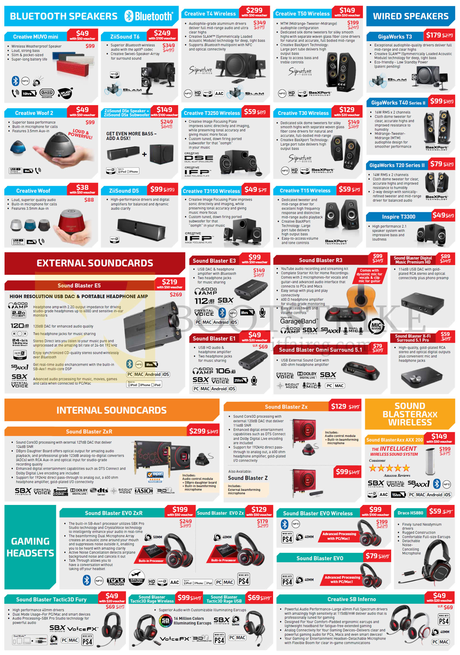 COMEX 2015 price list image brochure of Creative Bluetooth Speakers, Wired Speakers, Internal, External Sound Cards, Sound BlasterAXX Wireless, Gaming Headsets