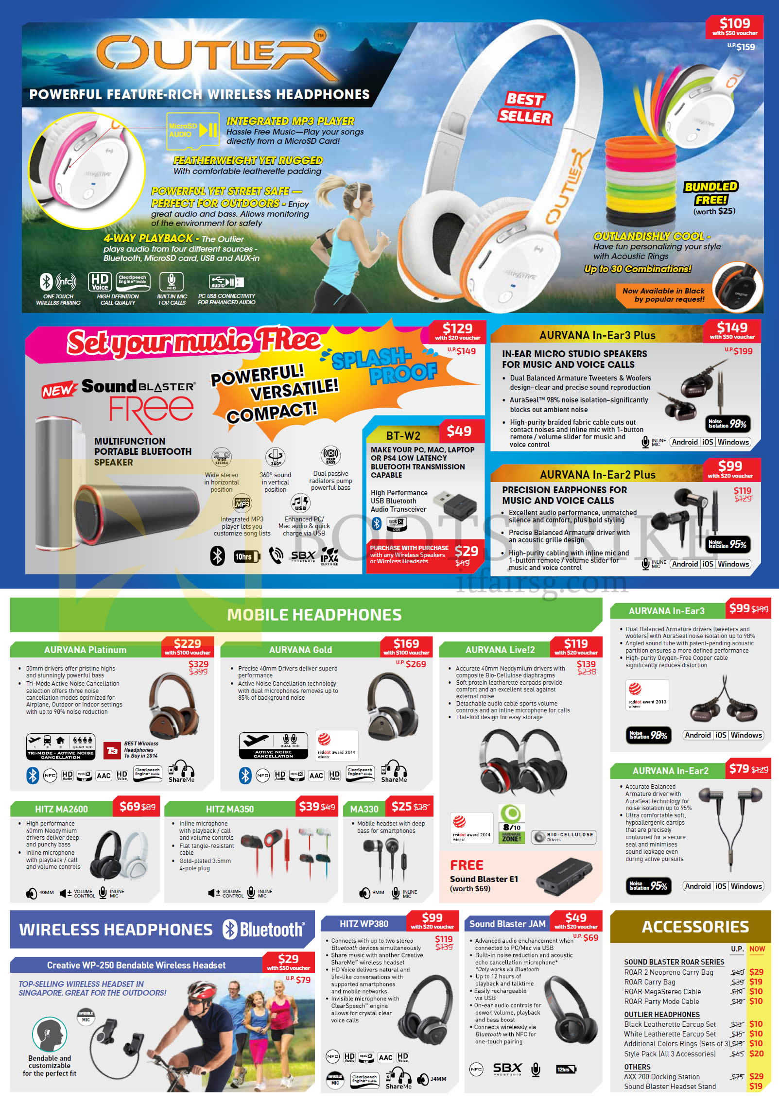 COMEX 2015 price list image brochure of Creative Headphones Outlier, SoundBlaster, Aurvana Platinum, Gold, Live 2, In-Ear 2, 3, HITZ MA2600, MA330, MA350