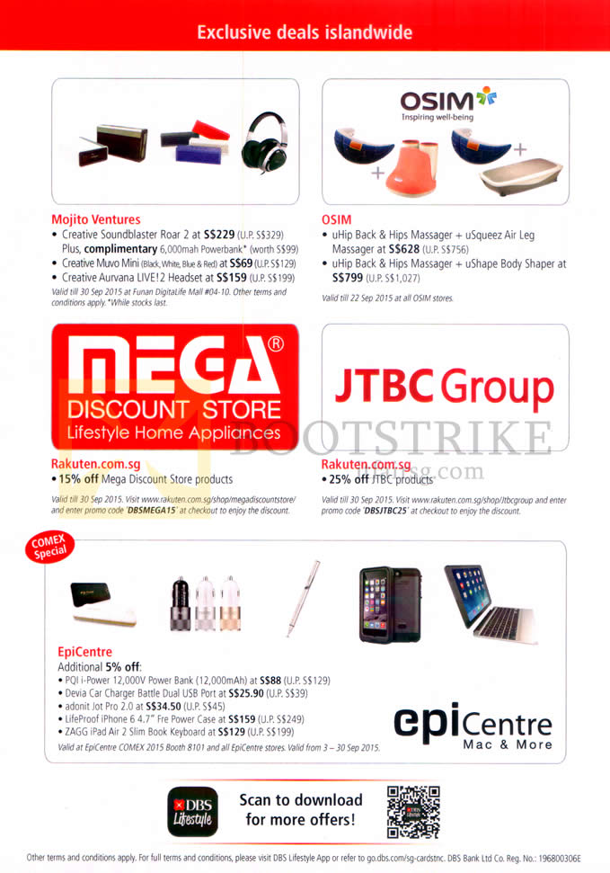 COMEX 2015 price list image brochure of DBS POSB Mojito Ventures, Osim, Rakuten.com.sg, EpiCentre