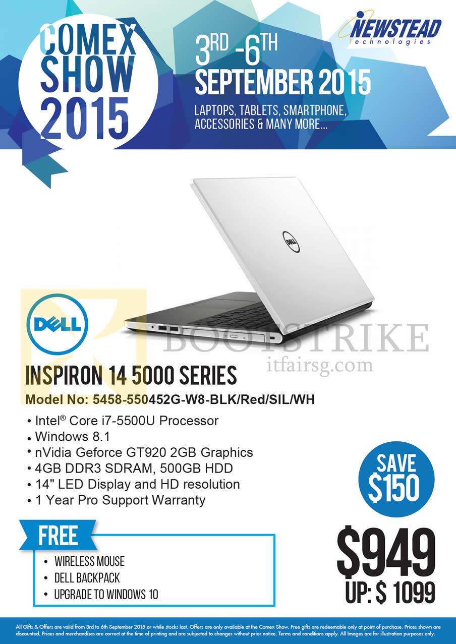 COMEX 2015 price list image brochure of Dell Newstead Notebook 14 5000 Series 5458-550452G-W8-BLK, Red, SIL, WH