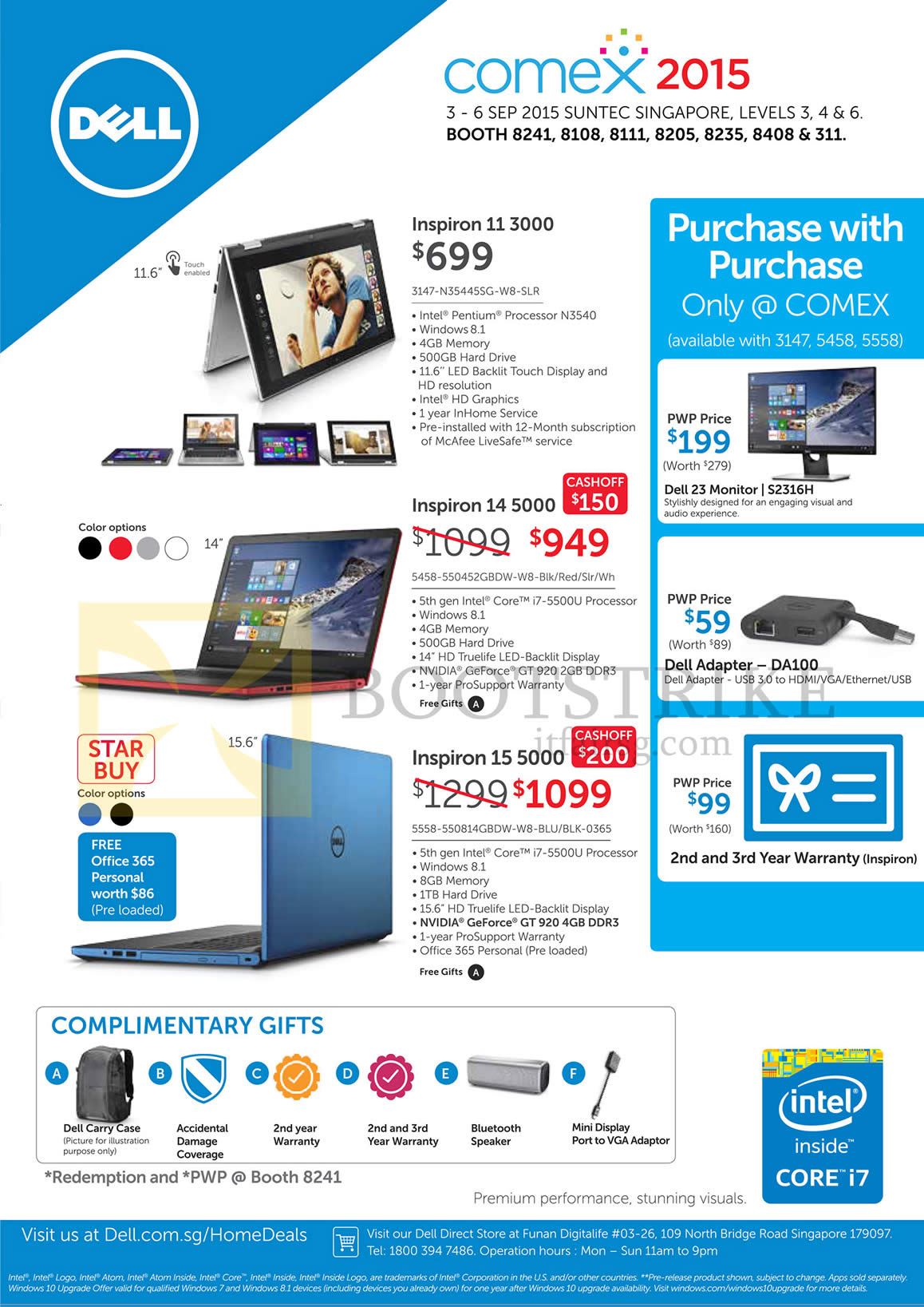 COMEX 2015 price list image brochure of Dell Notebooks, Complimentary Gifts, Purchase With Purchase, Inspiron 11 3000 3147-N35445SG-W8-SLR, 14 5000 5458-550452GBDW-W8, 15 5558-550814GBDW-W8-BLU-BLK-0365