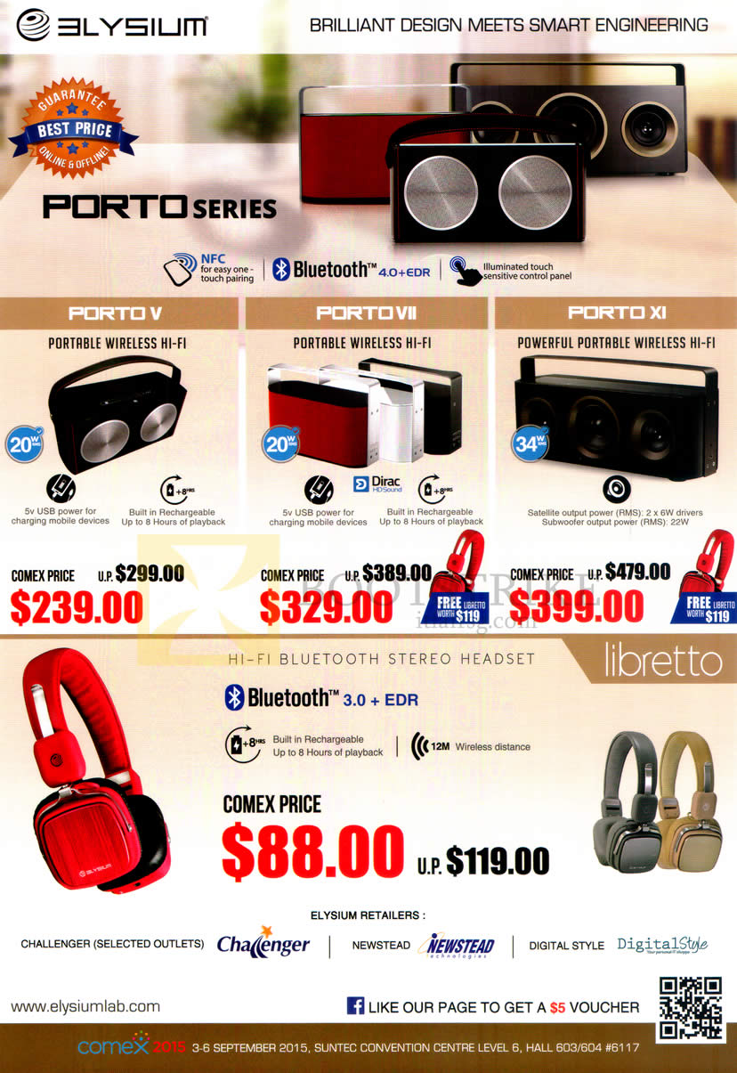 COMEX 2015 price list image brochure of Elysium Lab Wireless Hi-Fi, Headset, Porto Series, V, VII, XI, Libretto