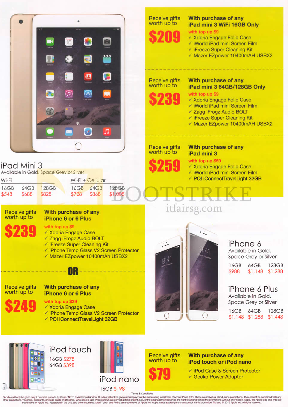 COMEX 2015 price list image brochure of EpiCentre Apple IPad Mini 3, IPhone 6, IPhone 6 Plus, IPod Touch, 16GB, 64GB, 128GB