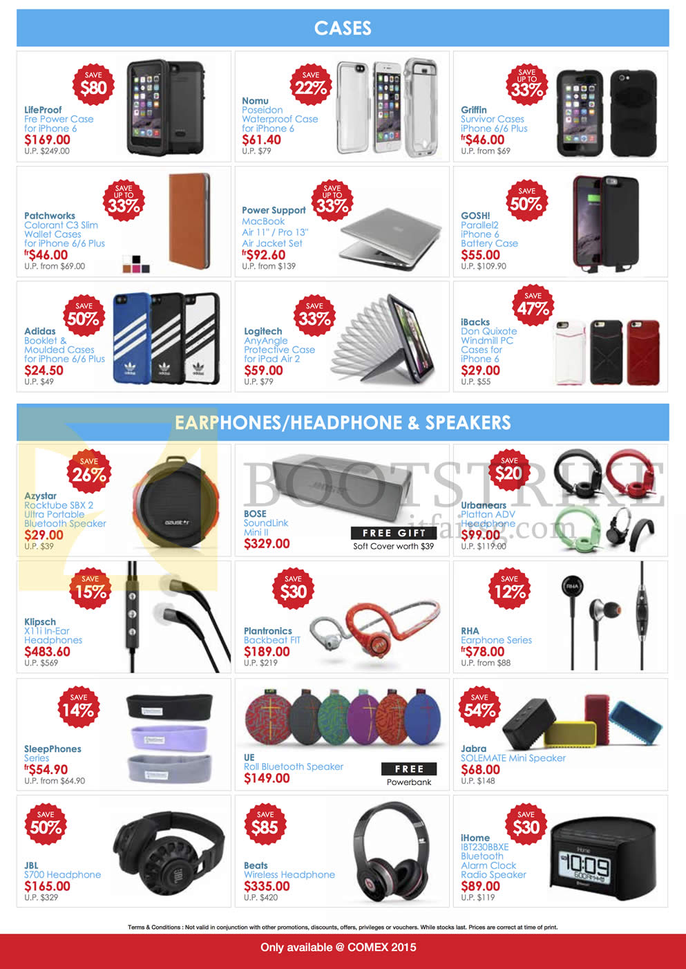 COMEX 2015 price list image brochure of EpiCentre Cases, Earphones, Headphones, Speakers, Lifeproof, Nomu, Griffin, Goshi, IBacks, Logitech, Adidas, Patchworks, Power Support, Azyster, Plantronics, RHA, IHome, Beats, JBL