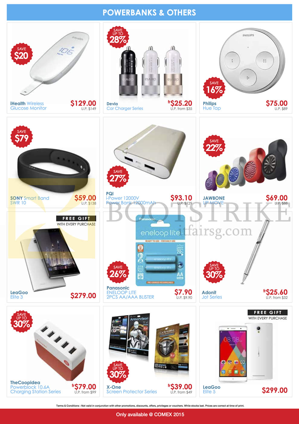 COMEX 2015 price list image brochure of EpiCentre Powerbanks Accessories, Glucose Monitor, Car Charger, Hue Tap, Jawbone Up Move, Smart Band, Screen Protector