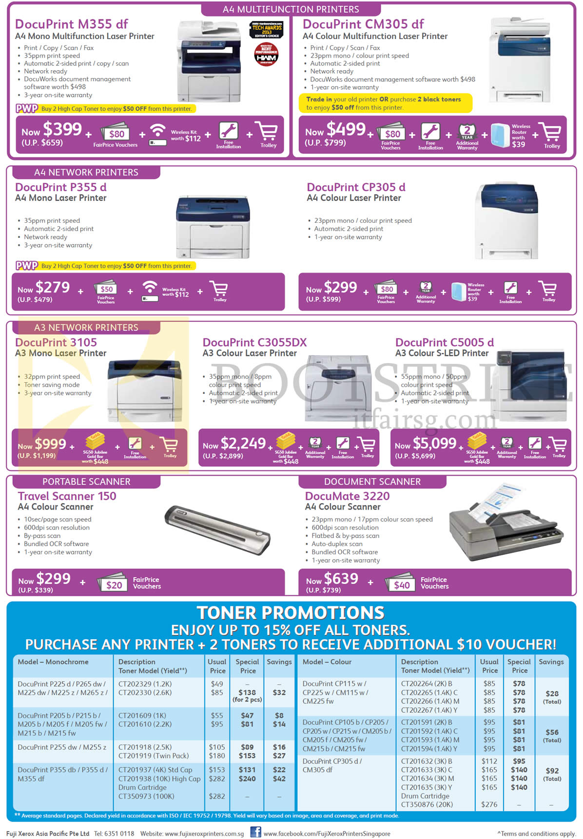 COMEX 2015 price list image brochure of Fuji Xerox Printers, Scanner, M355df, CM305df, P355d, CP305d, 3105, C3055DX, C5005d, Travel Scanner 150, DocuMate 3220, Toner