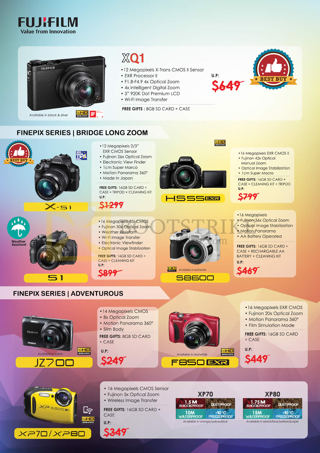 COMEX 2015 price list image brochure of Fujifilm Digital Cameras (No Prices) XQ1, X-51, S1, HS55, S8600, JZ700, F850, XP70, XP80