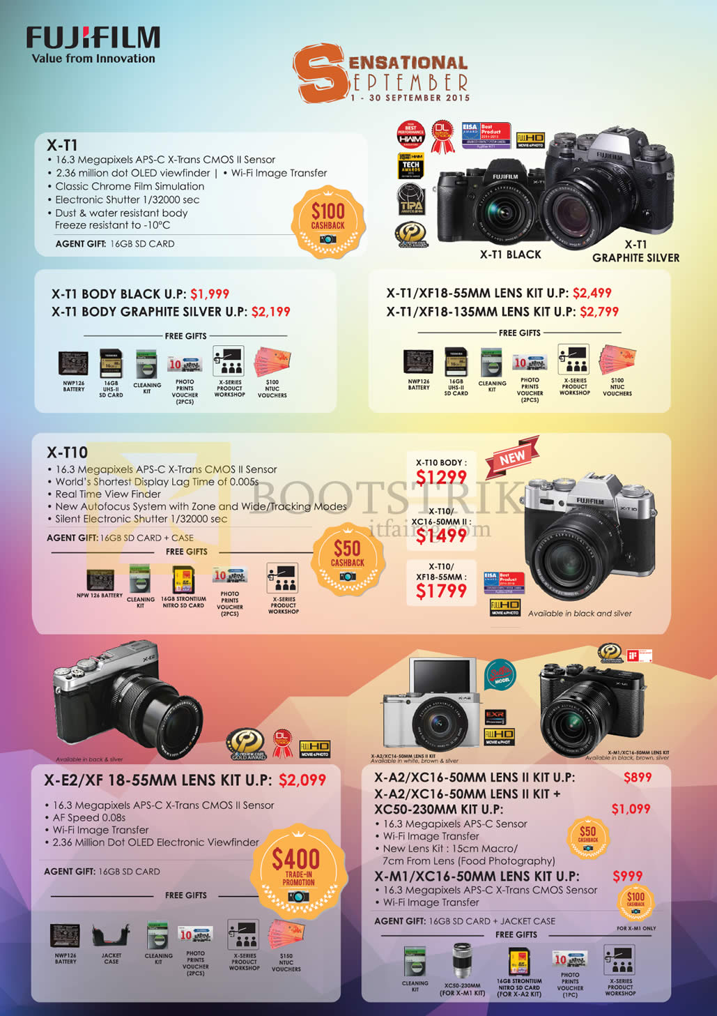 COMEX 2015 price list image brochure of Fujifilm Digital Cameras X-T1, X-T10, X-E2, X-A2, XC-50, X-M1