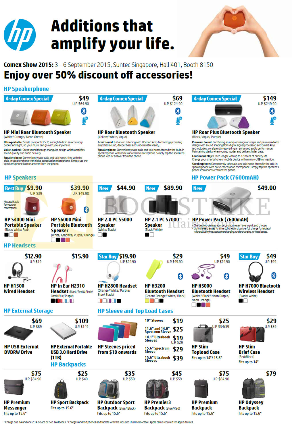 COMEX 2015 price list image brochure of HP Accessories Speakers Mini Roar, Roar, Roar Plus, S4000, S6000, 2.0 PC S5000, 2.1 PC S7000, 7600mAH Power Pack, Headsets H1500, H2310, H2800, H3200, H5000, H7000