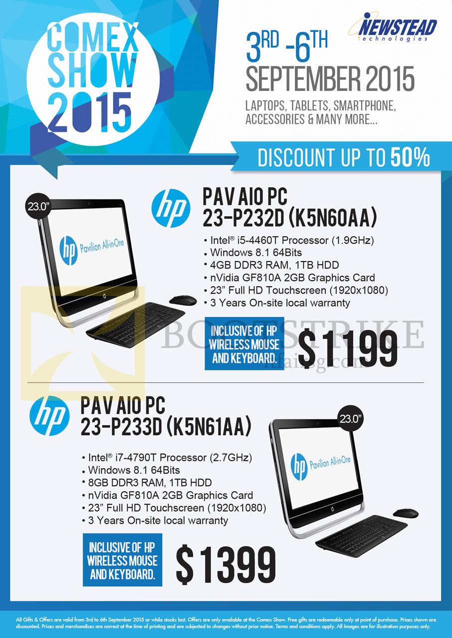 COMEX 2015 price list image brochure of HP Newstead AIO Desktop PCs 23-P232D K5N60AA, K5N61AA