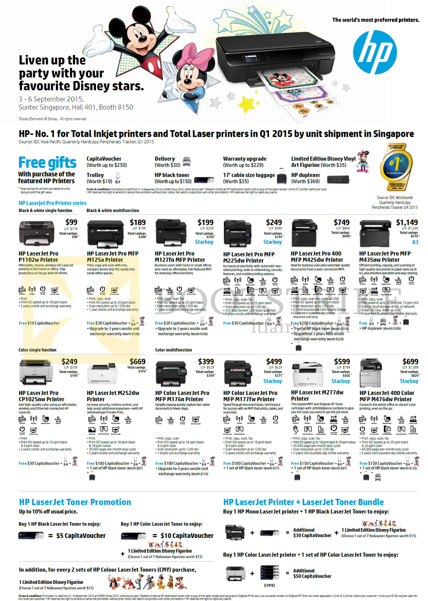 COMEX 2015 price list image brochure of HP Printers LaserJet Pro P1102w, MFPM125a, M127fn, M225dw, Pro 400 M425dw, M435nw, CP1025nw, M252dw, M176n, M177fw, M277dw, M476dw, Toner, Toners