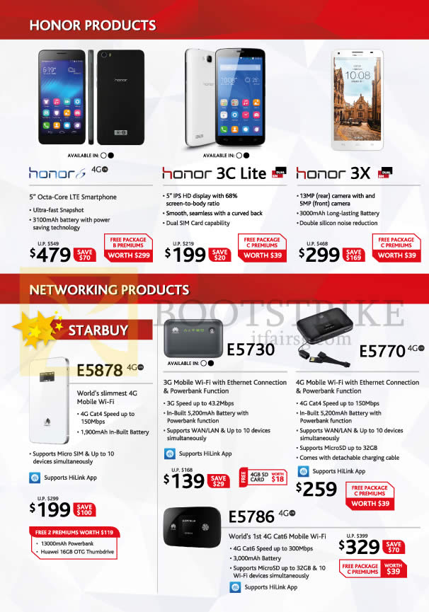 COMEX 2015 price list image brochure of Huawei Smartphones, Mobile Wi-fi, Honor 6, 3C Lite, 3X, E5878, E5730, E5770, E5786