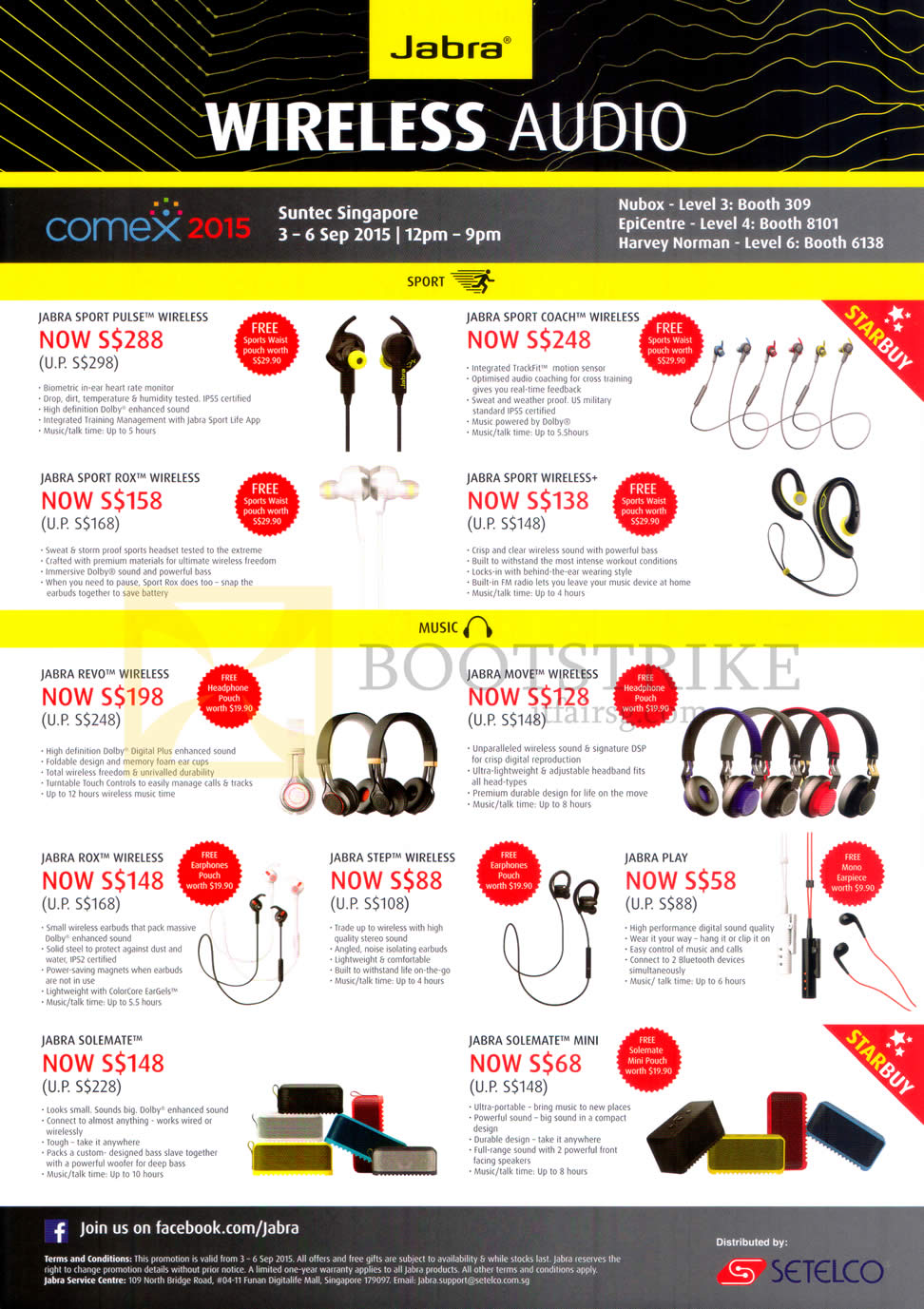 COMEX 2015 price list image brochure of Jabra Bluetooth Headsets Sport Music Pulse Wireless, Rox, Coach, Revo, Move, Step Wireless, Play, Solemate, Solemate Mini