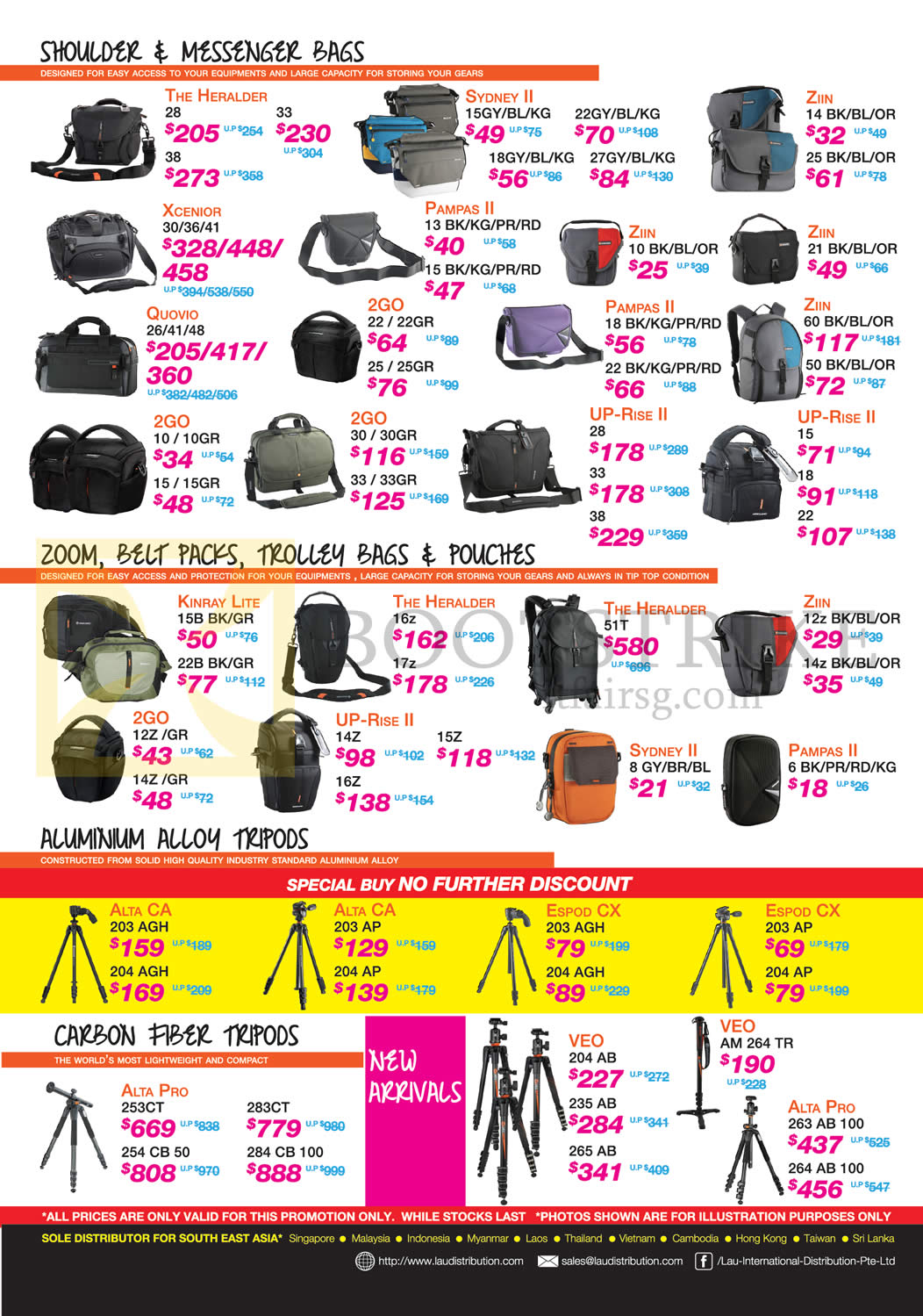 COMEX 2015 price list image brochure of Lau Intl Shoulder, Messenger Bags, Zoom Belt Packs, Trolley Bags, Pouches, Aluminium Alloy Tripods, Carbon Fiber Tripods