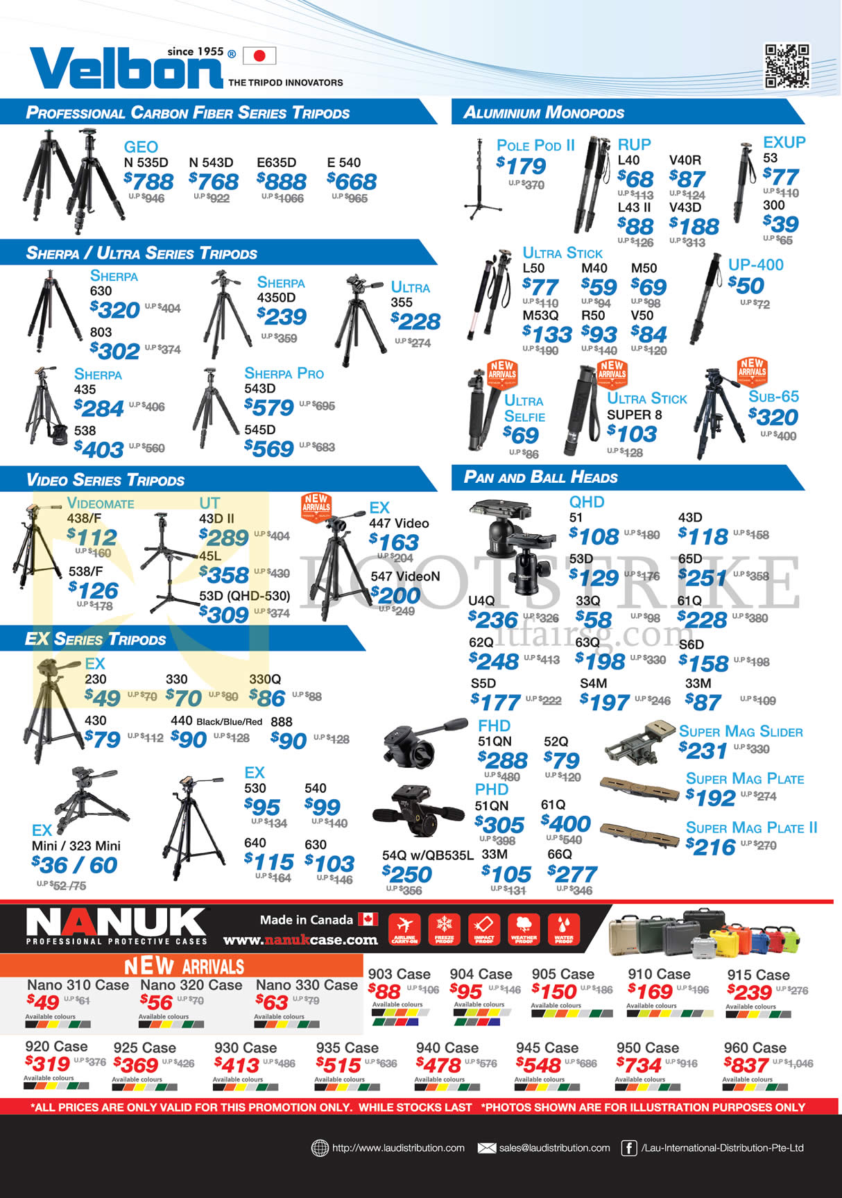 COMEX 2015 price list image brochure of Lau Intl Tripods, Pan, Ball Heads, Cases, Velbon, Sherpa, Nanuk