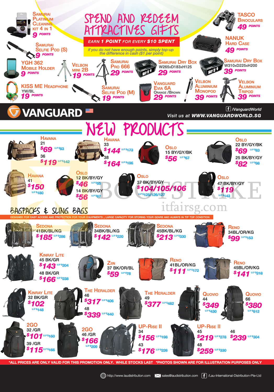 COMEX 2015 price list image brochure of Lau Intl Vanguard Backpacks, Sling Bags, Accessories