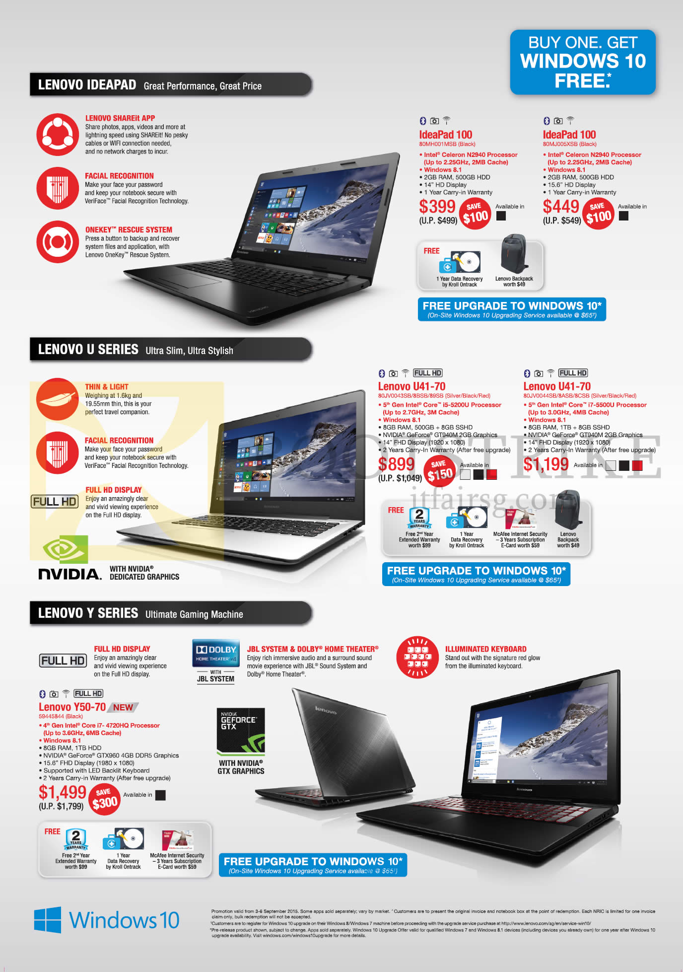 COMEX 2015 price list image brochure of Lenovo Notebooks Ideapad 100 80MH001MSB, 80MJ005XSB, U41-70 80JV0043SB, 8BSB, 89SB, 80JV0044SB, 8ASB, 8CSB, Y 50-70 59445844