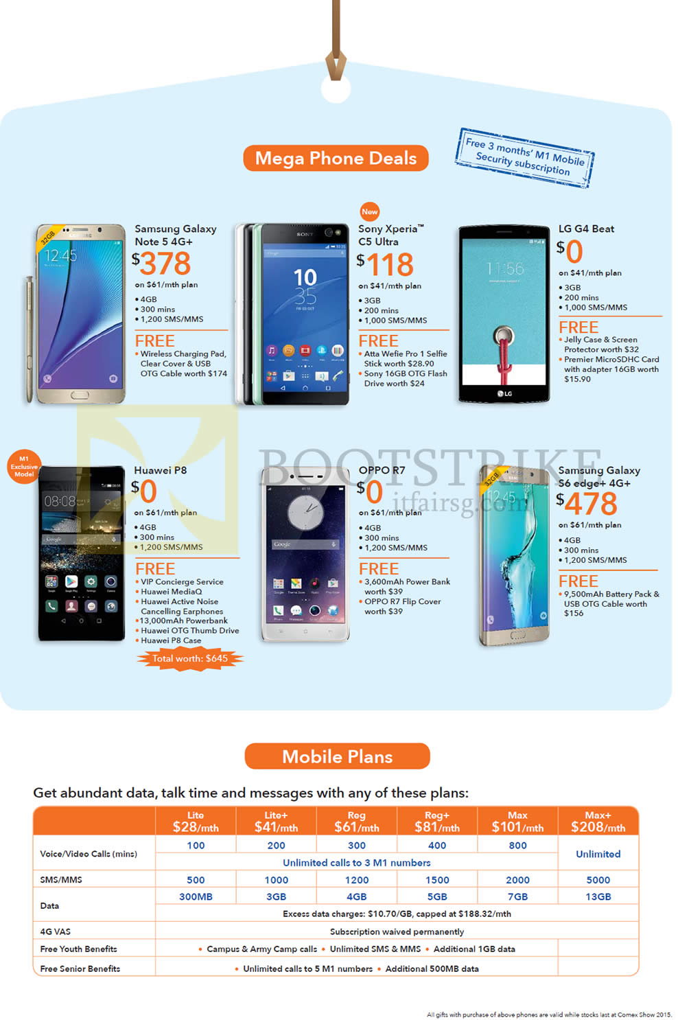 COMEX 2015 price list image brochure of M1 Mobile, Samsung Galaxy Note 5, Sony Xperia C5 Ultra, LG G4 Beat, Huawei P8, OPPO R7, Galaxy S6 Edge, Mobile Plans, Lite, Reg, Max