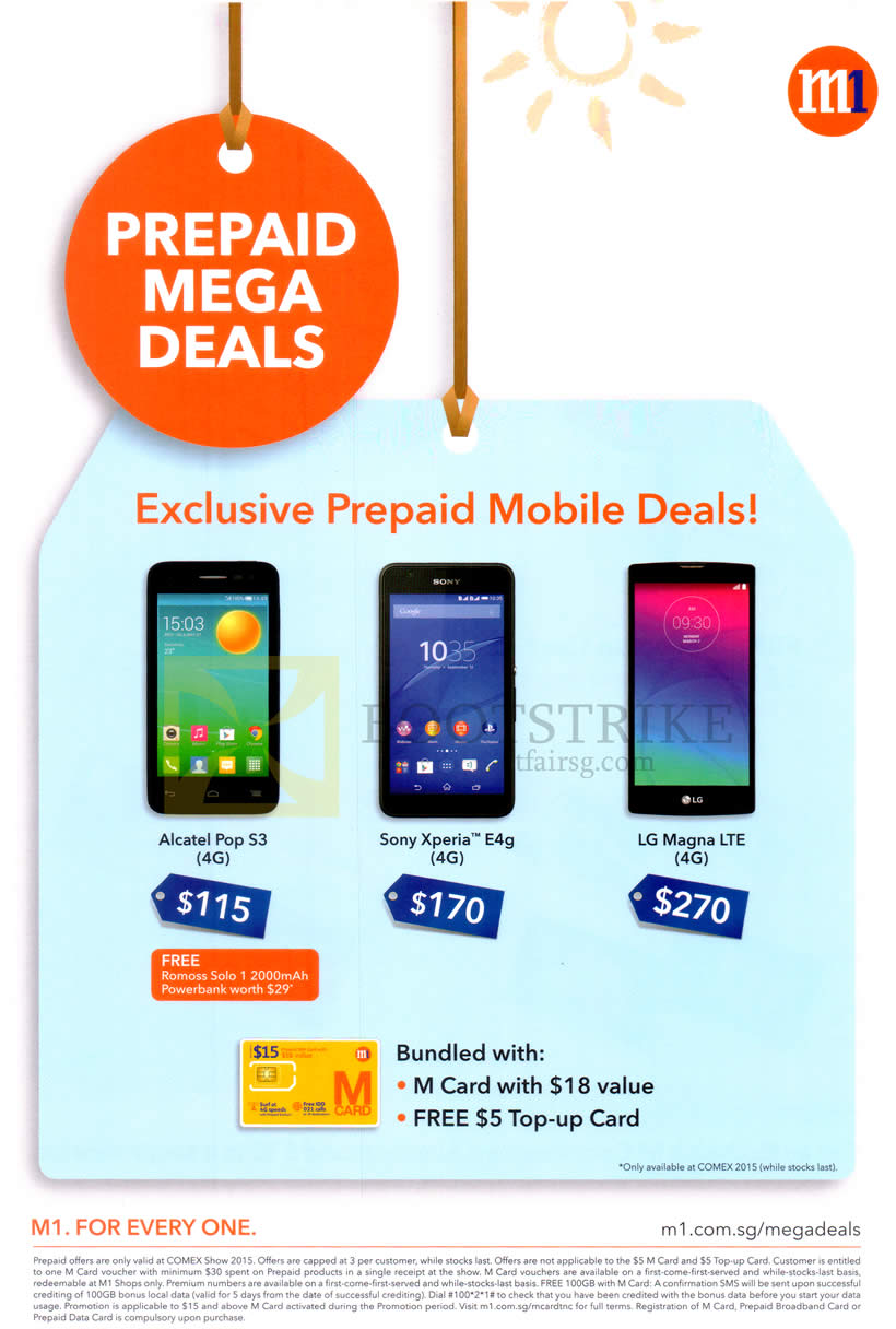 COMEX 2015 price list image brochure of M1 Prepaid Mobile Deals Alcatel Pop S3, Sony Xperia E4g, LG Magna