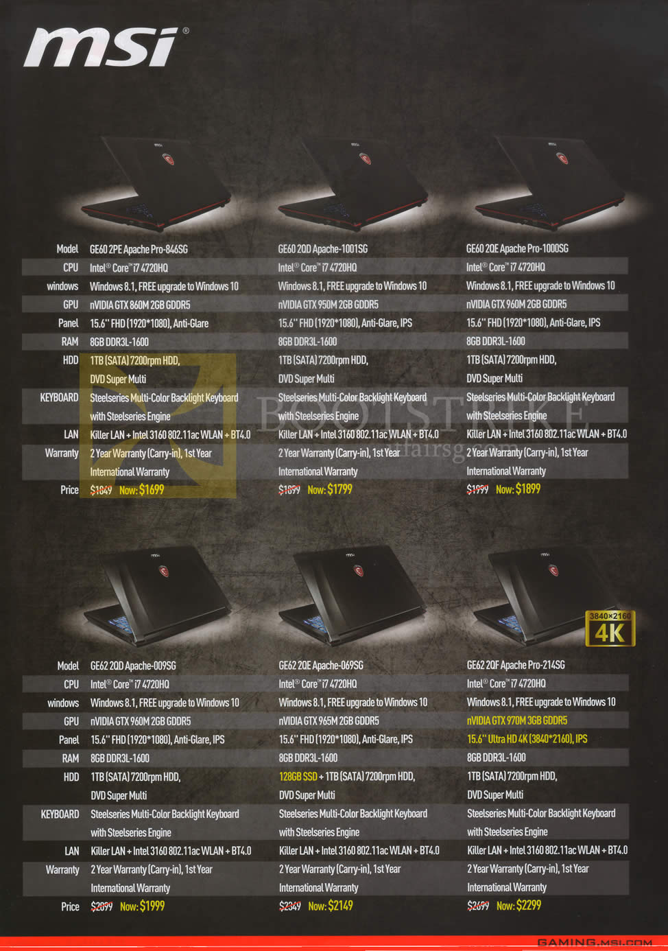 COMEX 2015 price list image brochure of MSI Notebooks GE602PE Apache Pro-846SG, GE60 2QD Apache-1001SG, GE60 2QE Apache Pro-1000SG, GE62 2QD Apache-009SG, GE62 2QE Apache-069SG, GE62 2QF Apache Pro-214SG