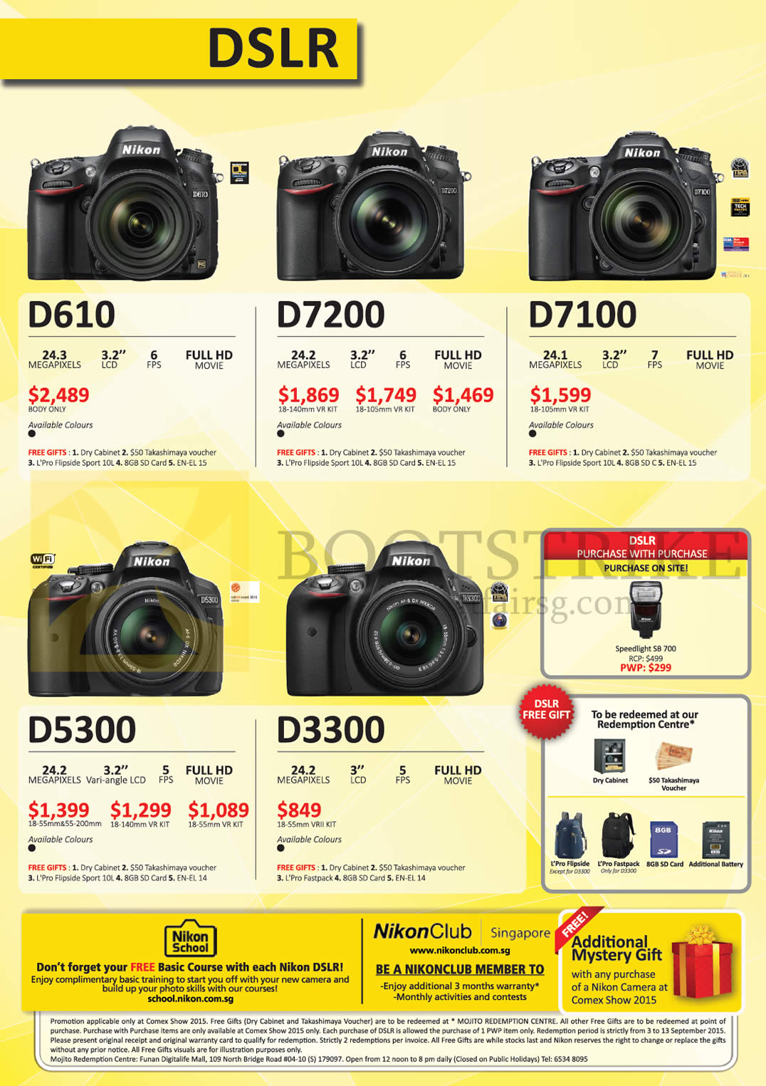 COMEX 2015 price list image brochure of Nikon Digital Cameras DSLR D610, D7200, D7100, D5300, D3300, Free Gifts