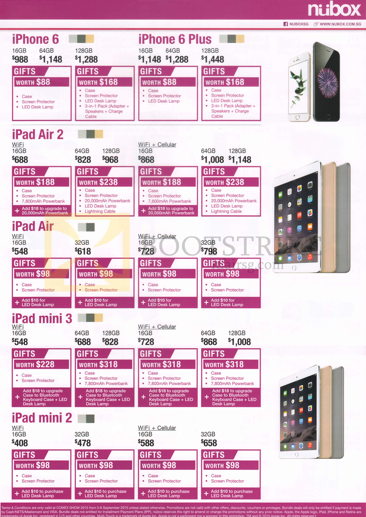 COMEX 2015 price list image brochure of Nubox Apple Mobile Phones, Tablets IPhone 6, IPhone 6 Plus, IPad Air 2, IPad Air, IPad Mini 3, IPad Mini 2