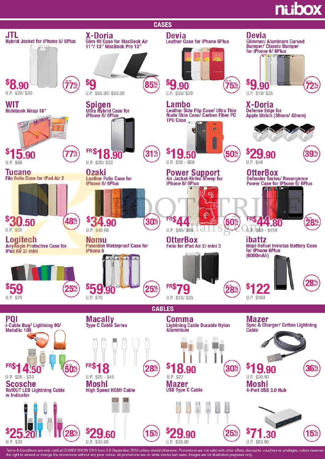 COMEX 2015 price list image brochure of Nubox Cases For IPhones, Apple Watch. MacBook Pro, IPad Air, Cables, Lightning JTL, X-Doria, Devia, Lambo, Ozaki, Tucano, Logitech, Ibattz, OtterBox, Nomu, PQI, Macally, Mazer, Moshi